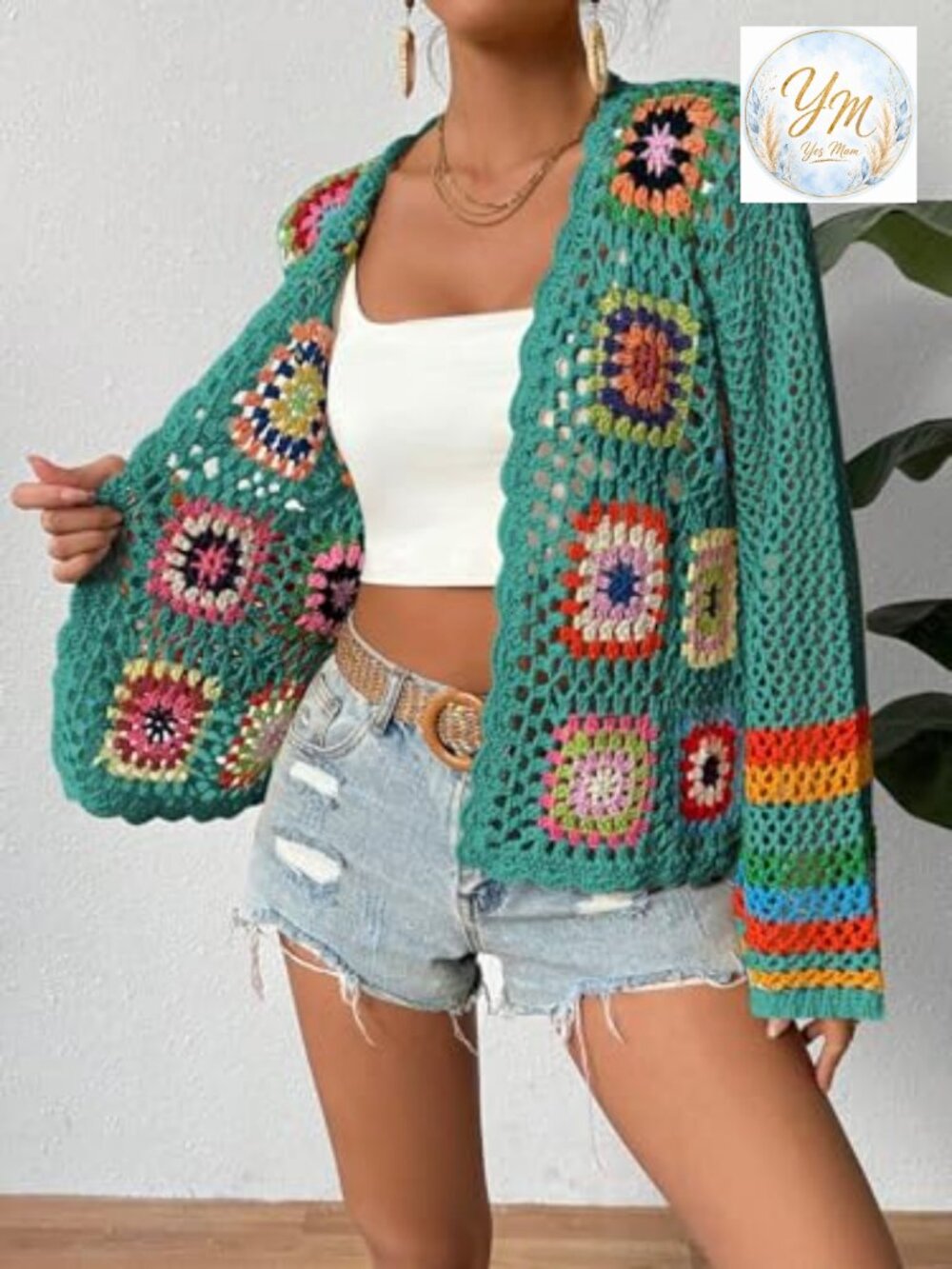 Floral Crochet Cardigan Hollow Out Open Front Long Sleeve Sweater - Picture 2 of 6